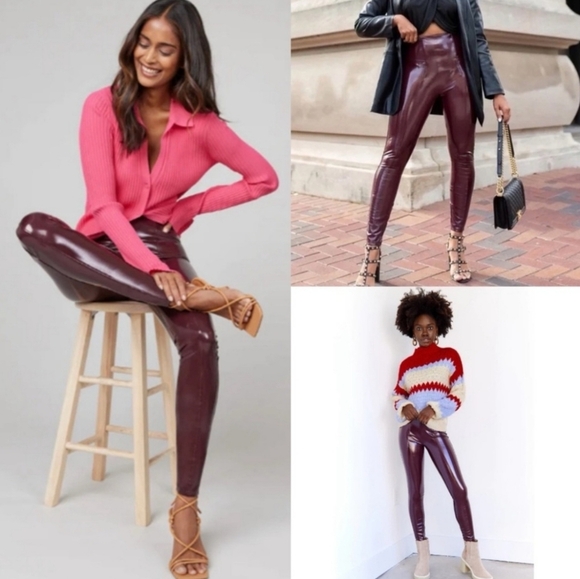 Spanx Faux Leather Patent Leather Vinyl Pants Shiny Patent Sleek Burgundy Size M - Picture 1 of 13